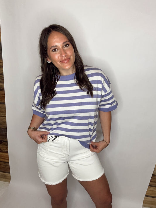 Crew Neck Short-Sleeve Stripe knitted Sweater Top