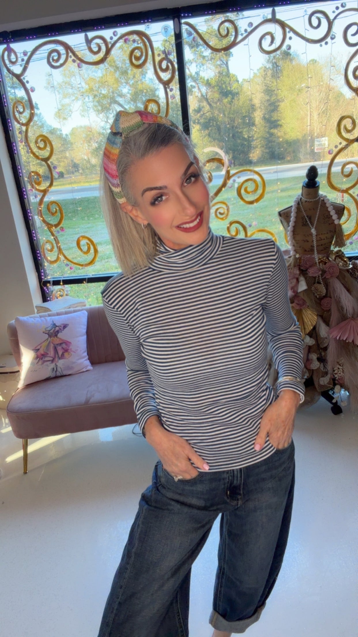 Long Sleeve Turtle Neck Y/D Stripe Top