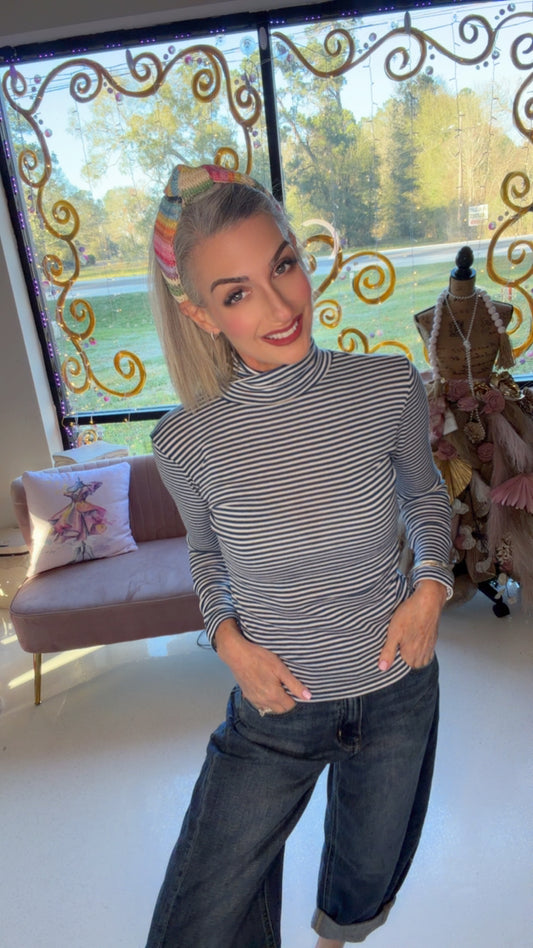 Long Sleeve Turtle Neck Y/D Stripe Top