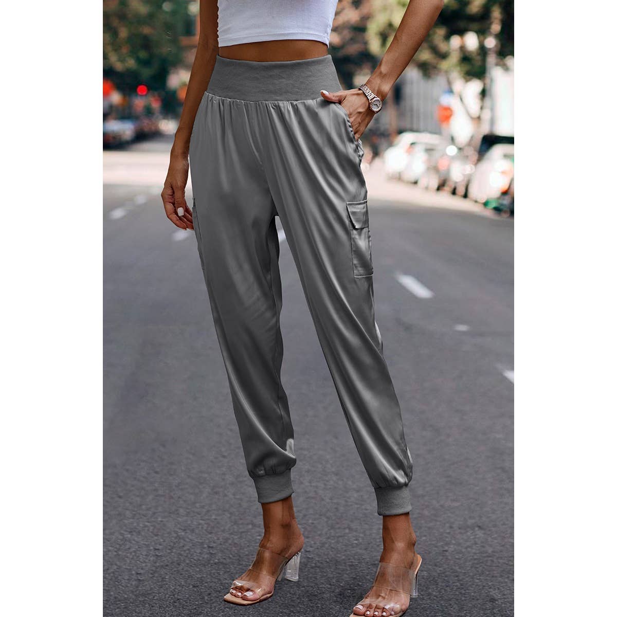 Elastic High Waist Sweatpants Sporty Pocket Pants