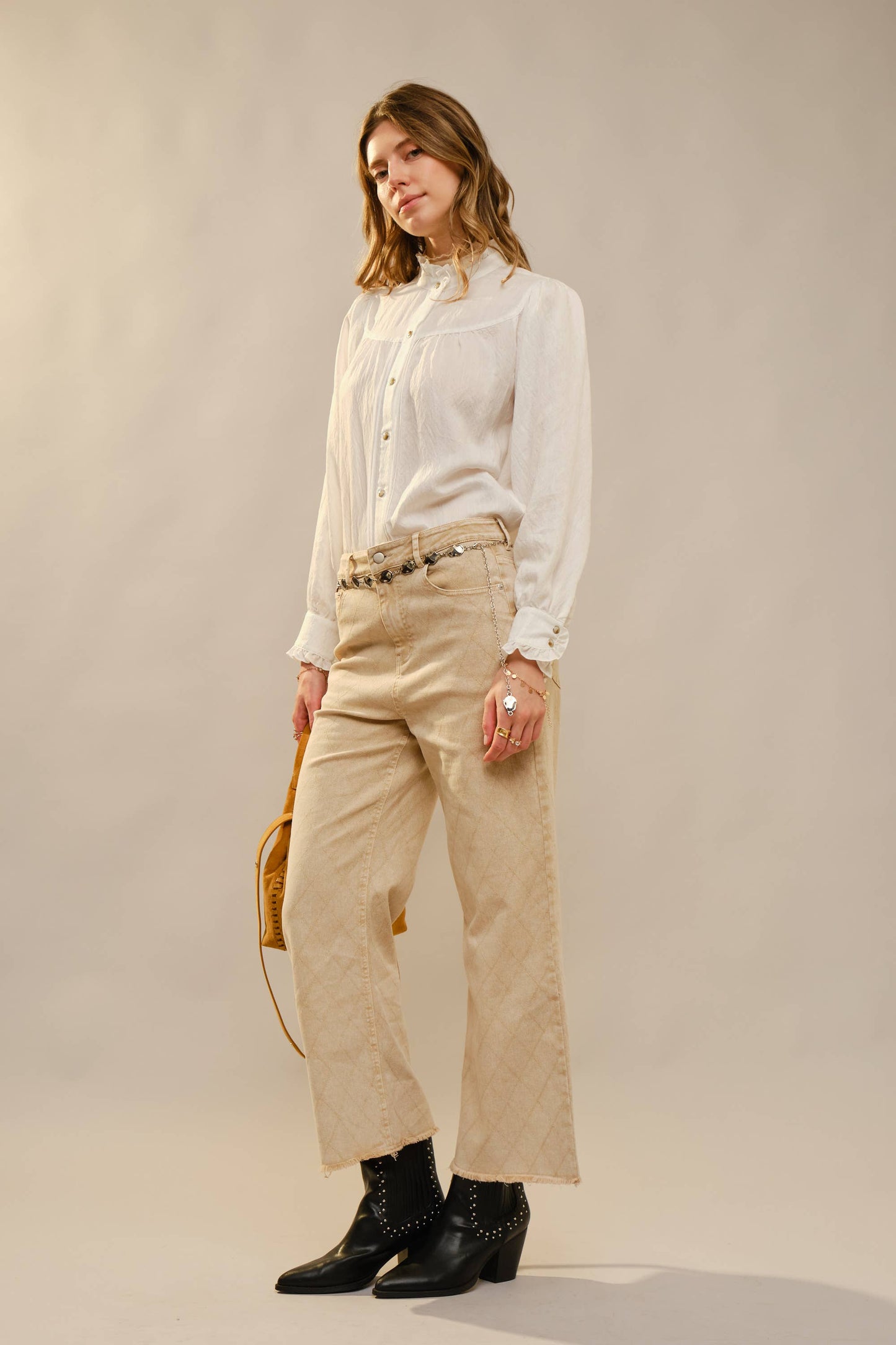 Ruffle Neck Denim Snap Button Shirt