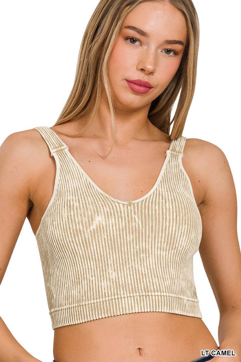 Washed Ribbed Cropped Seamless Bra Padded Tank Top
