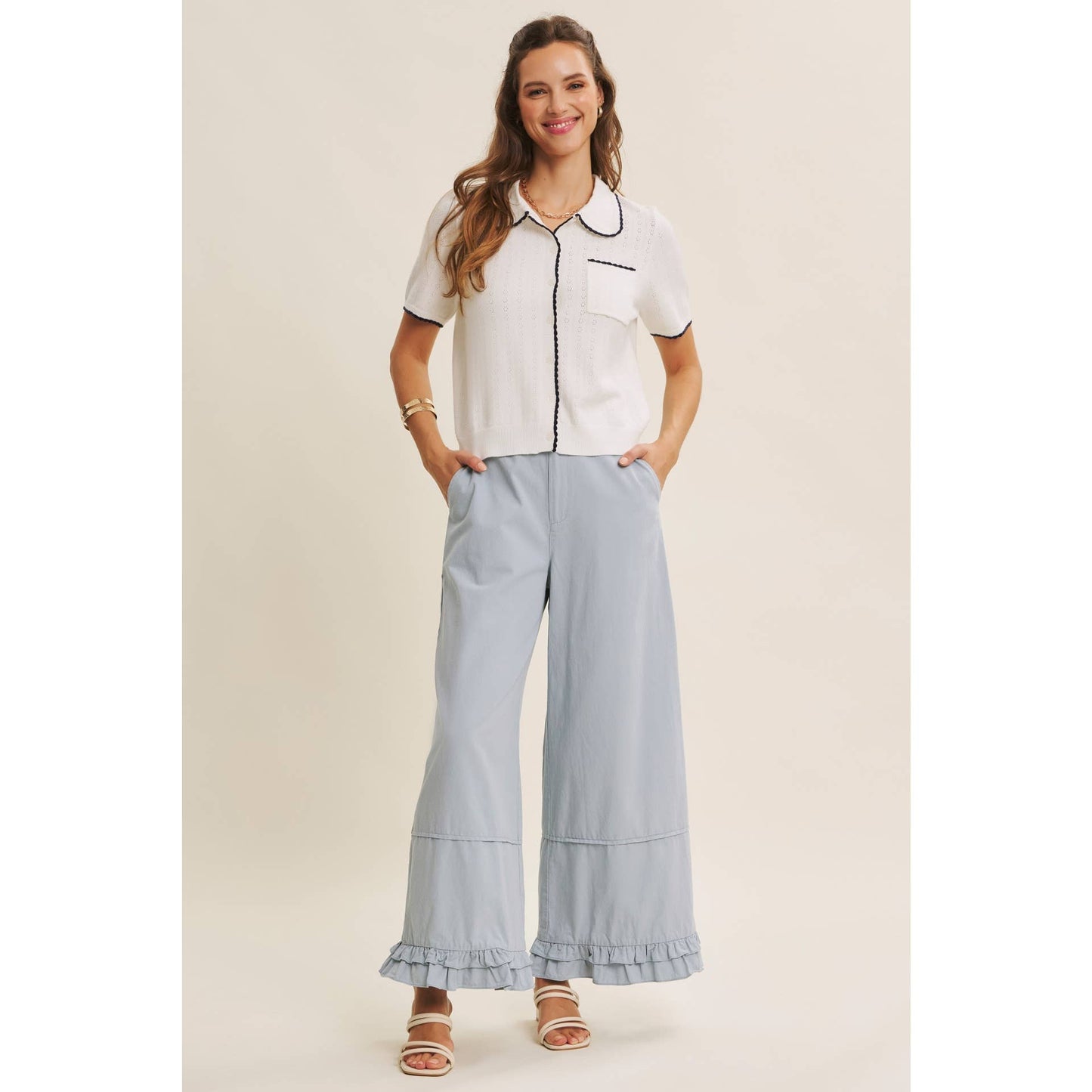 DREAMY STATEMENT COTTON WASHED WIDE-LEG PANTS WITH RUFFLES