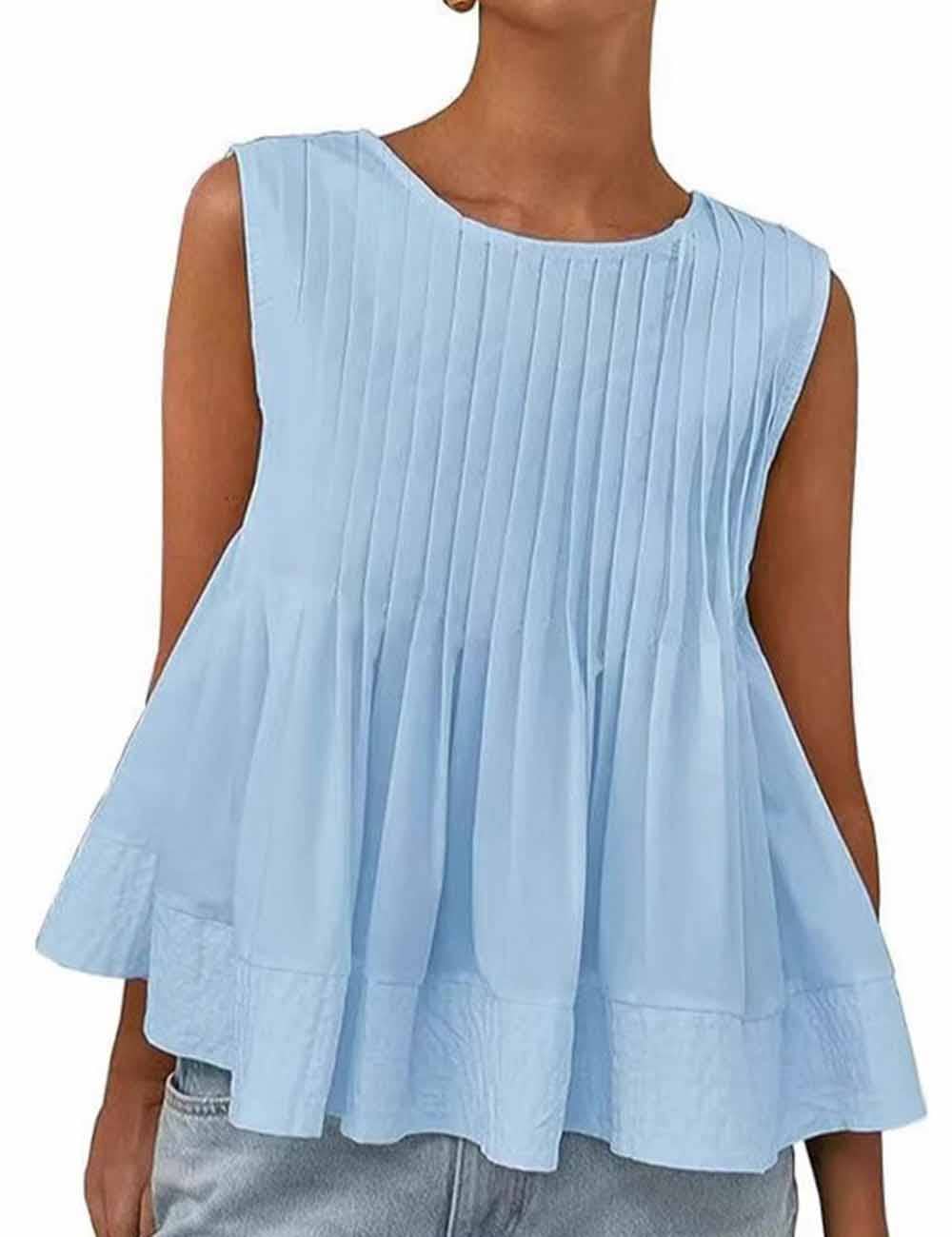 Ladies Solid Color Pleated Sleeveless Tank Top