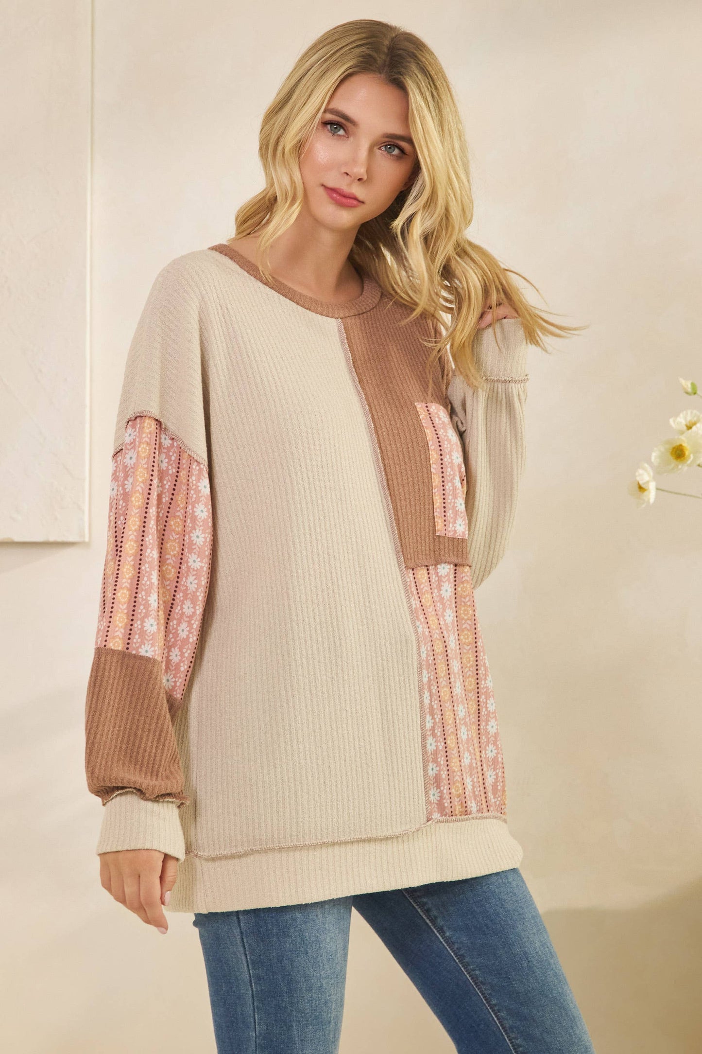 Color Block Floral Patchwork Pullover Top