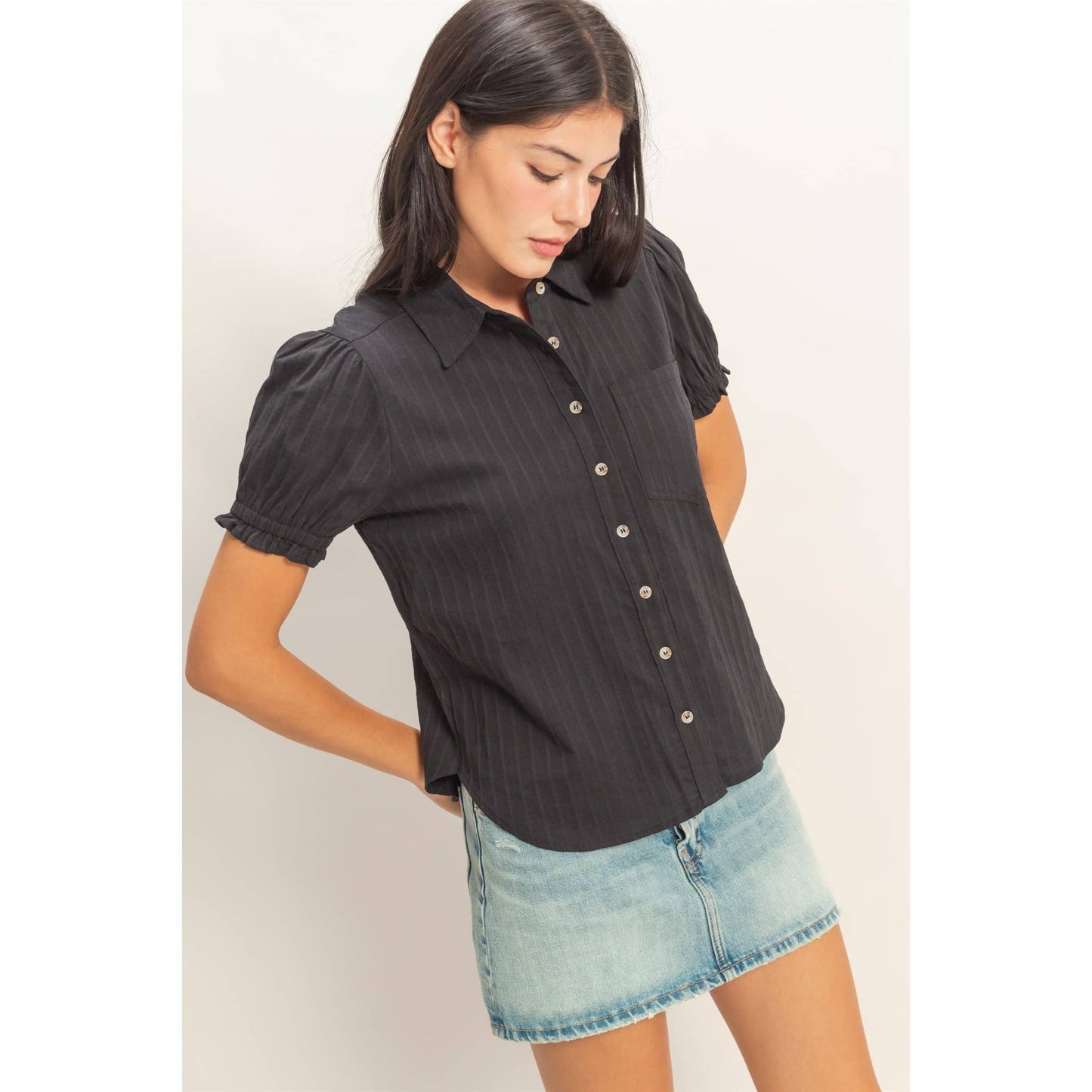 Button-Up Puff Short Sleeve Shirt