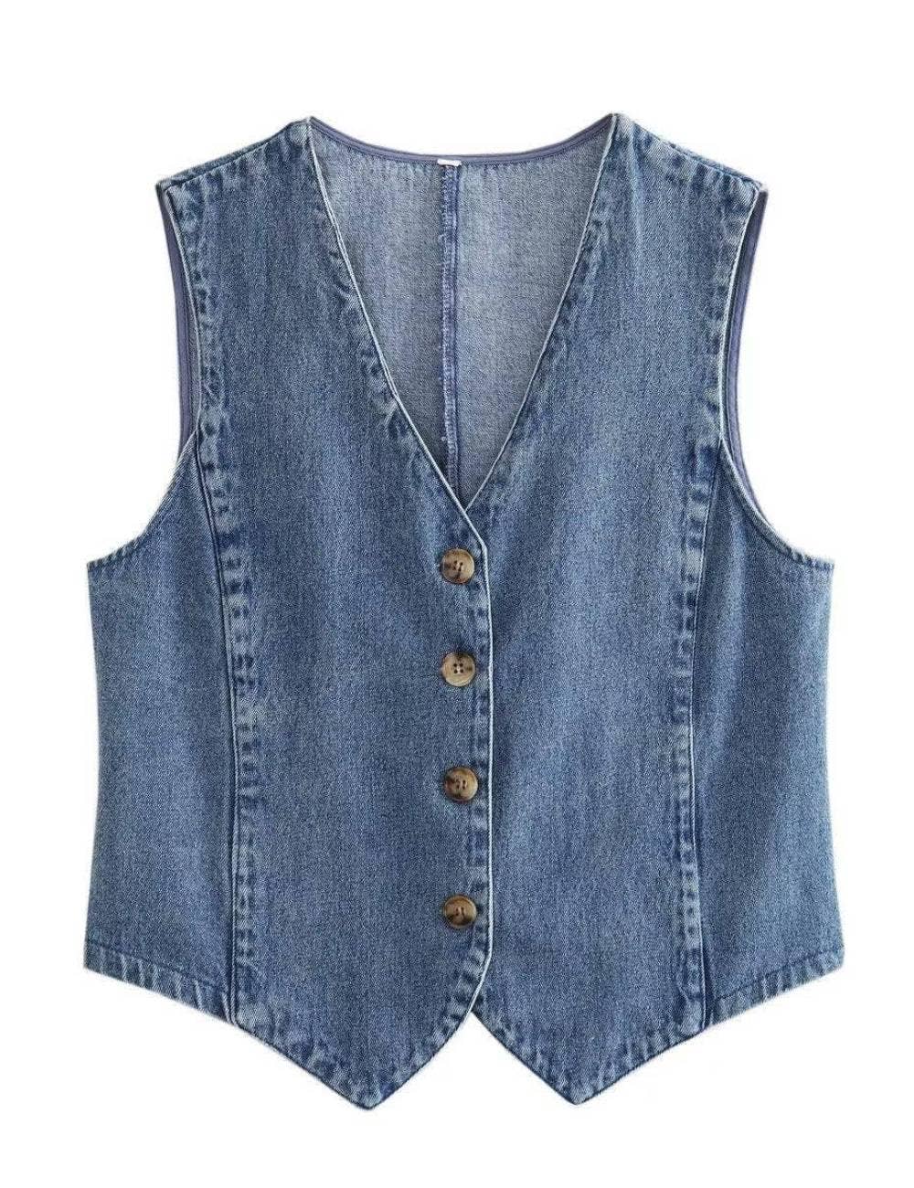 Sweetkama Denim Solid V-Neck Sleeveless Women Daily Vest