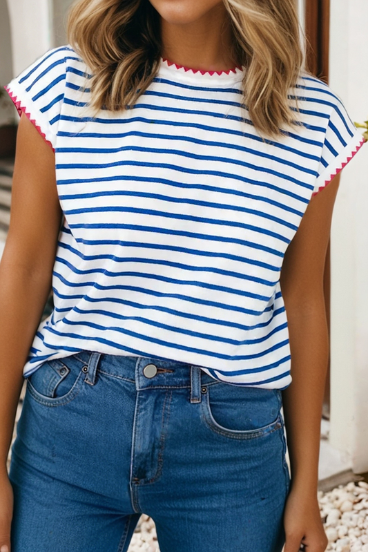 Stripe Contrast Trim Round Neck Cap Sleeve Tee