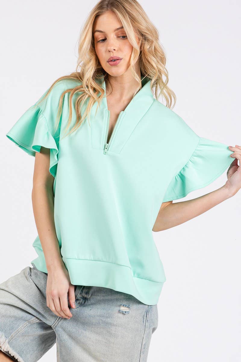 SCUBA HALF ZIP UP RUFFLE SLEEVE TOP