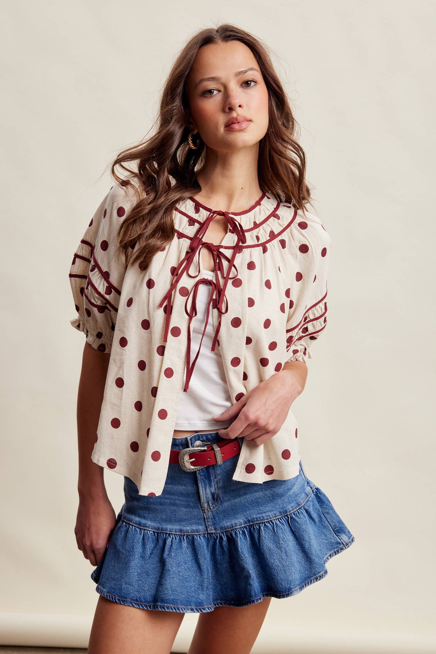 Polka Dot Ruffle Trim Blouse LT1456