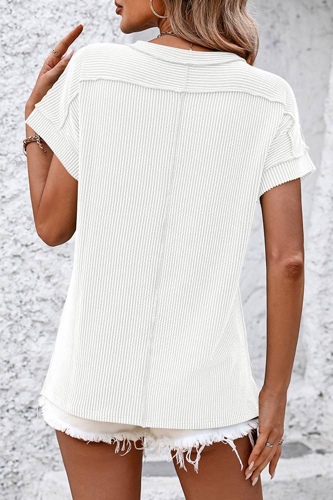 Ribbed Knitting Stitching Outside Round Neck Top MD121