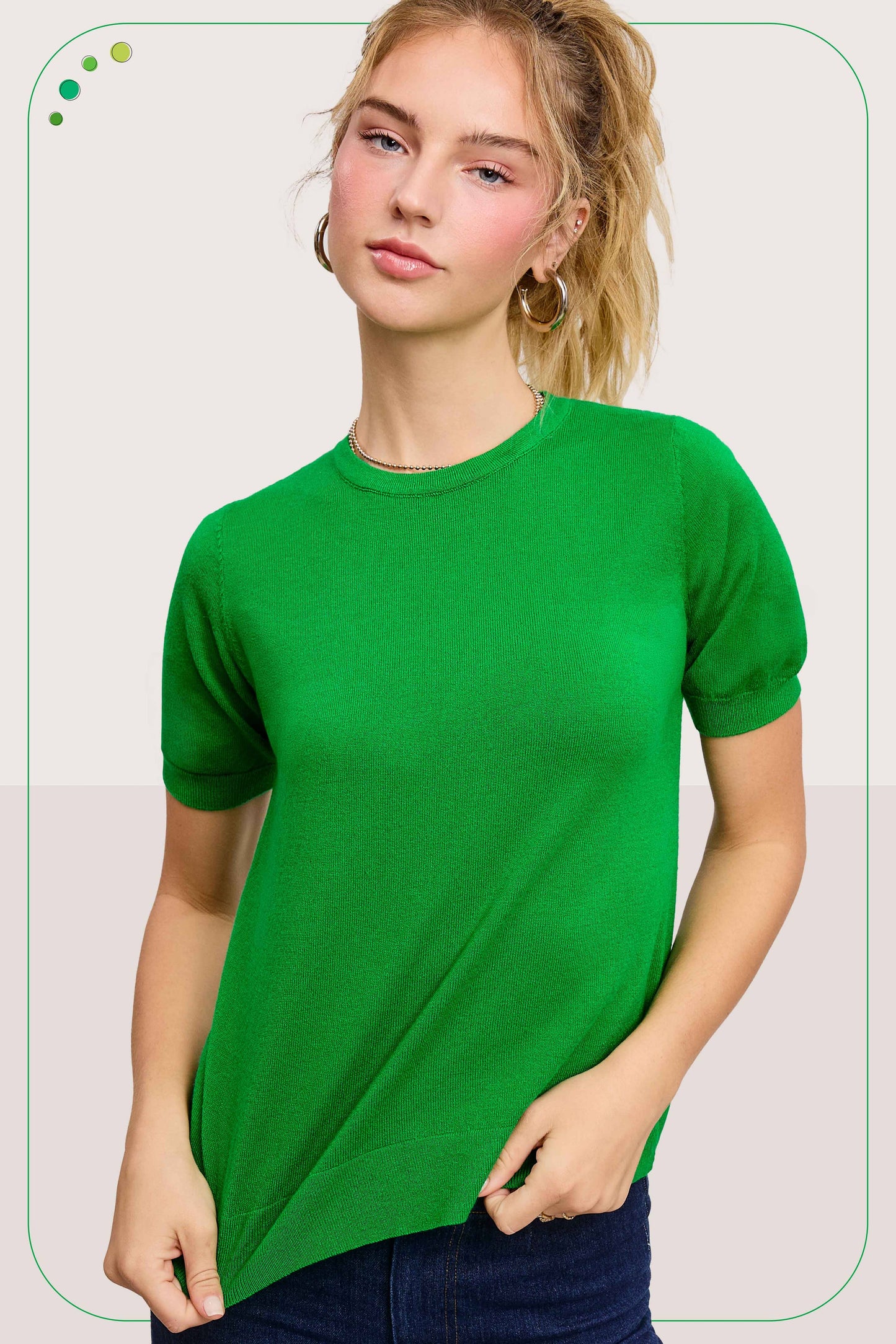 Soft Short Puffy Sleeve Basic Stretchy Knit Top