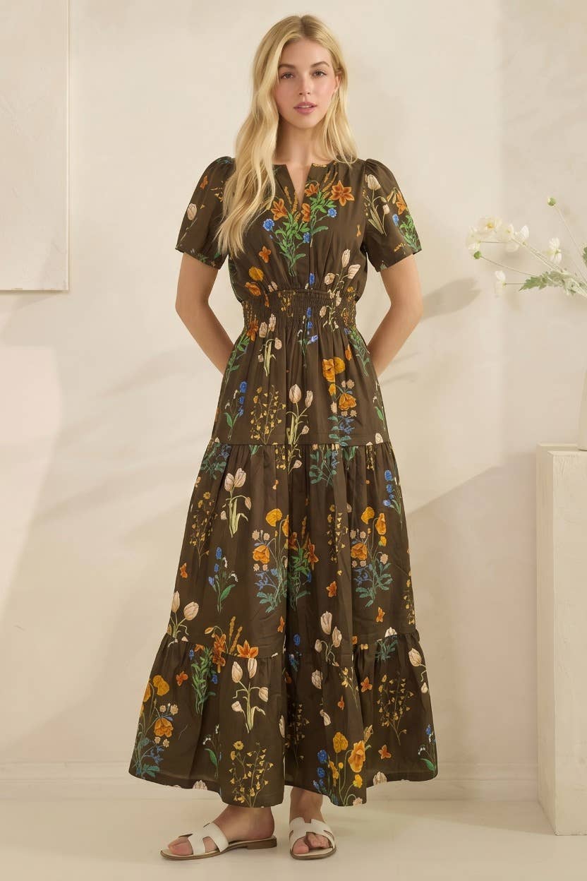 Floral Print Short Sleeve Tiered Maxi Dress