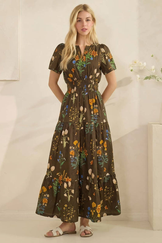 Floral Print Short Sleeve Tiered Maxi Dress