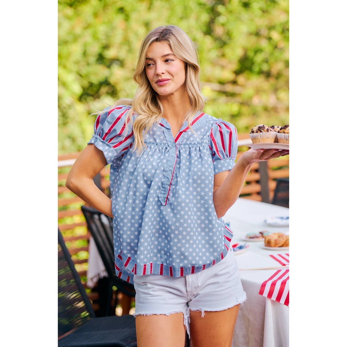 4TH OF JULY STRIPES AND STARS PUFF SLEEVES TOP