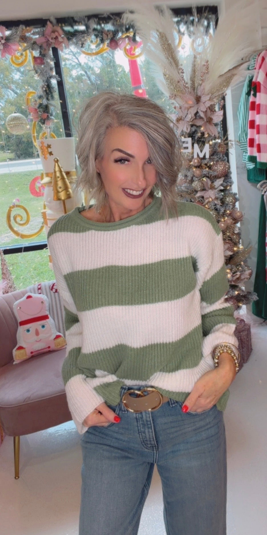 Temperament crew-neck long sleeve color striped sweater
