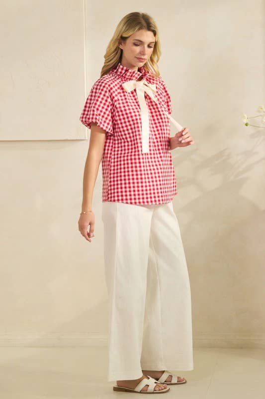 Gingham Check Puff Sleeve Top