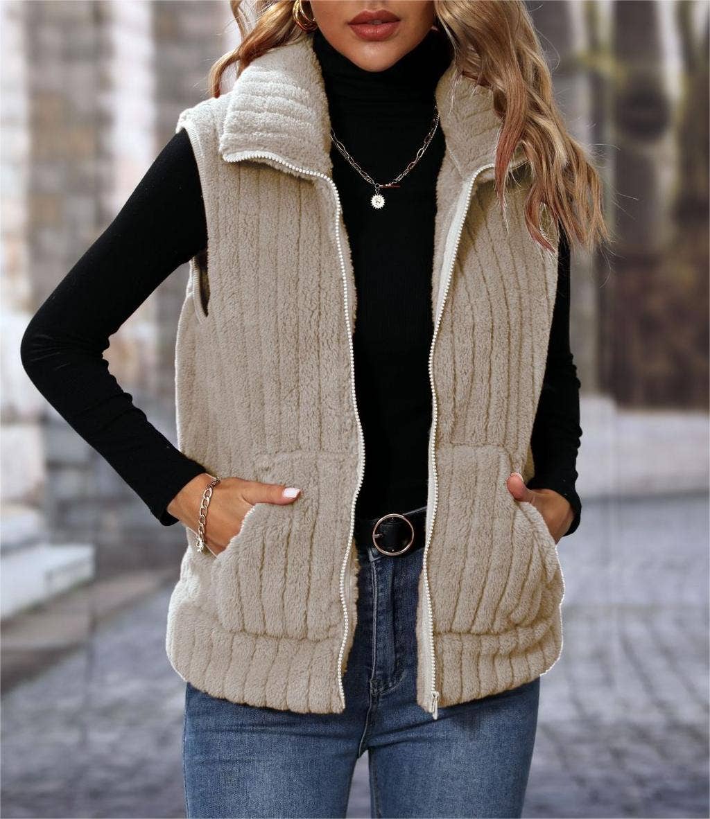 Fall warm sleeveless zip plush fleece outerwear vest