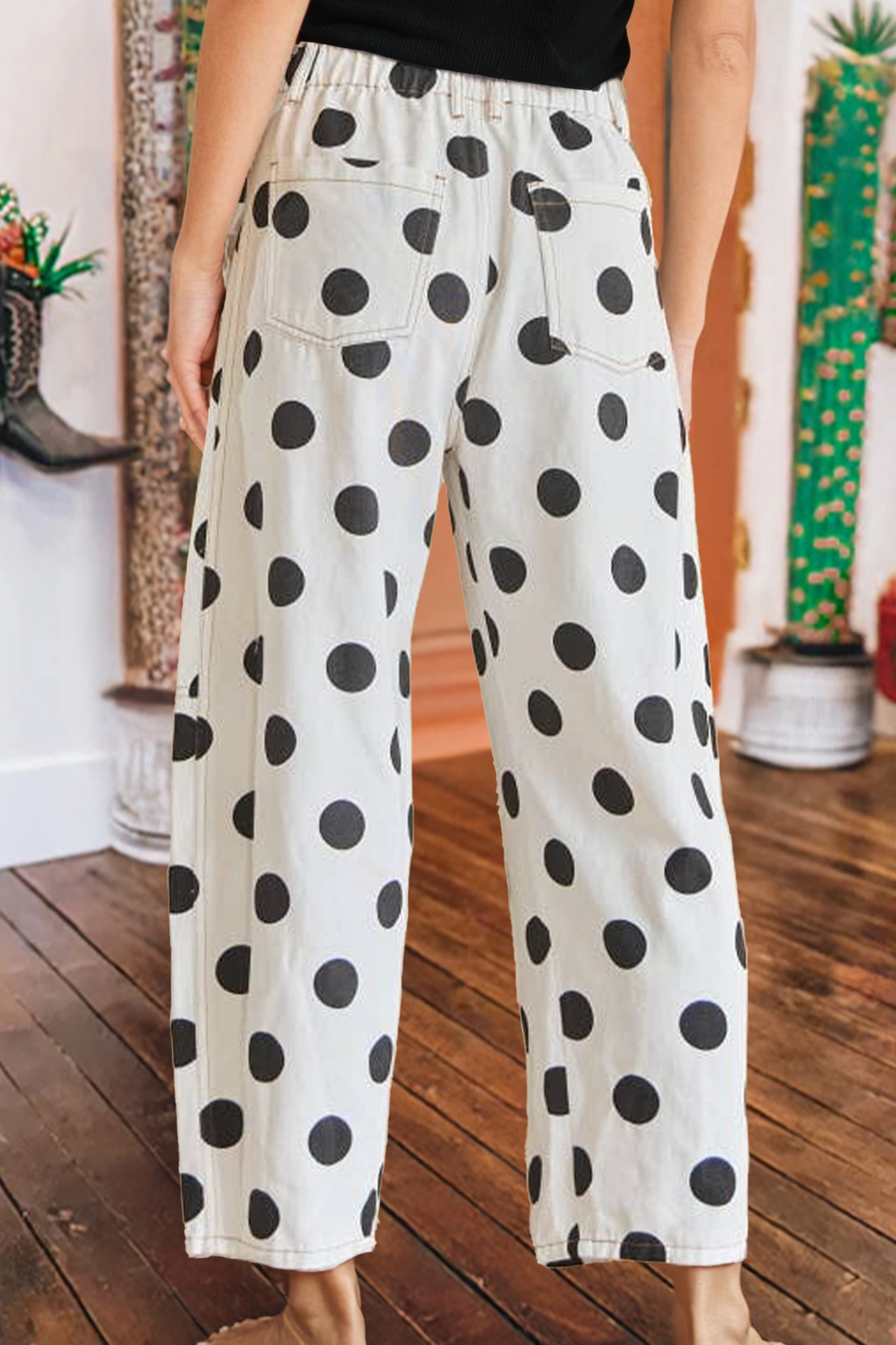 Polka Dot Print Bow Detail Pocketed Denim Pants