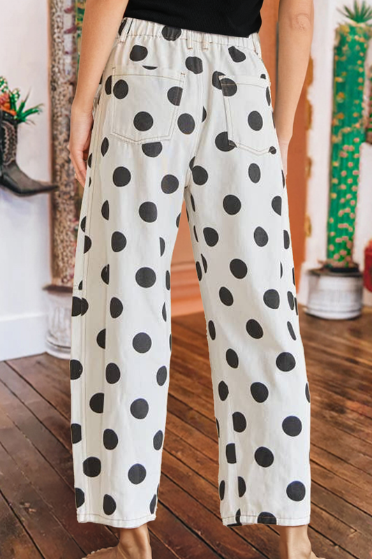 Polka Dot Print Bow Detail Pocketed Denim Pants