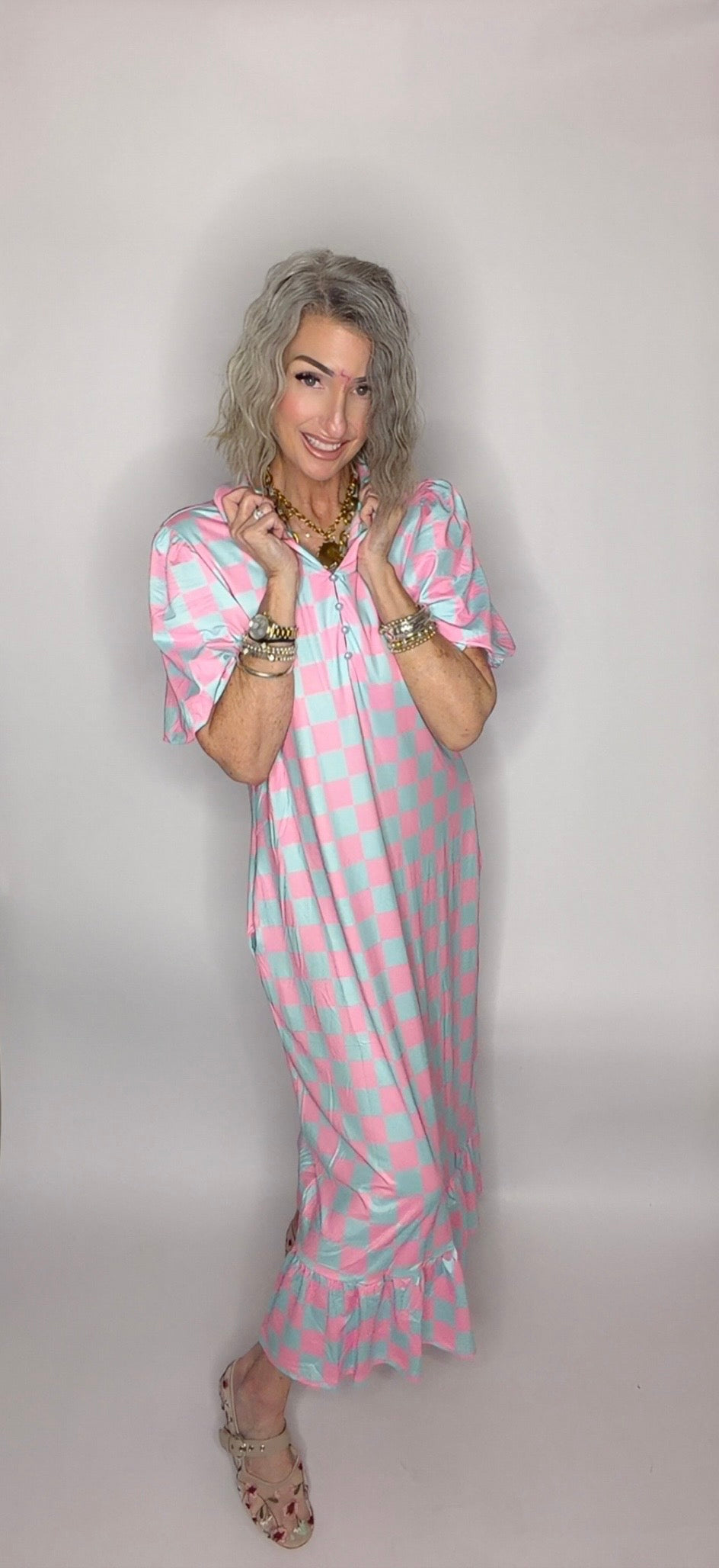 Pink & Light Blue Checkered Midi Dress with Pockets