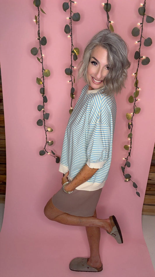 Loose Fit Striped Short Sleeve Crew Neckline Top