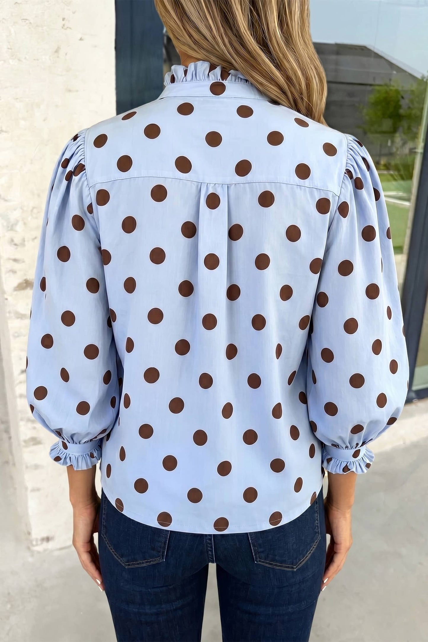 Striped Print Polka Dot Ruffle Stand Neck Shirts