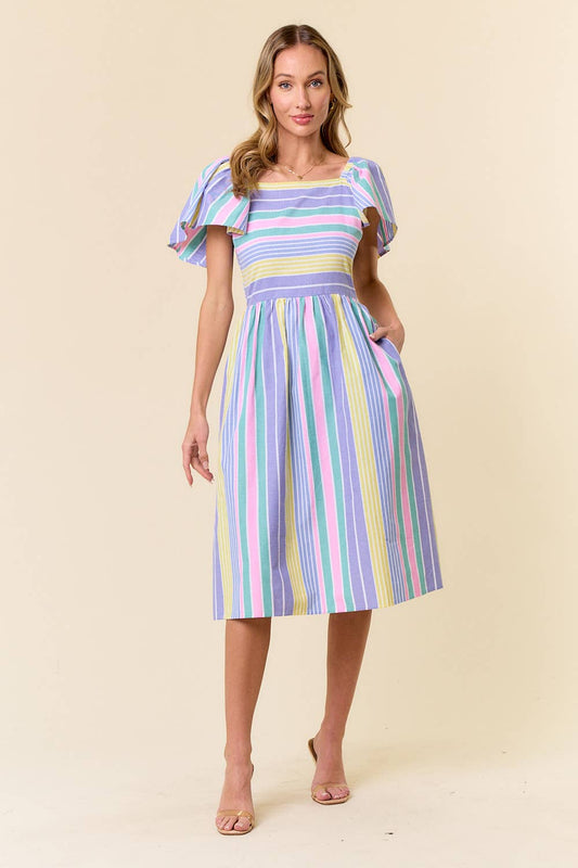Rainbows Multi Stripe Wide Ruffle Sleeve Dress