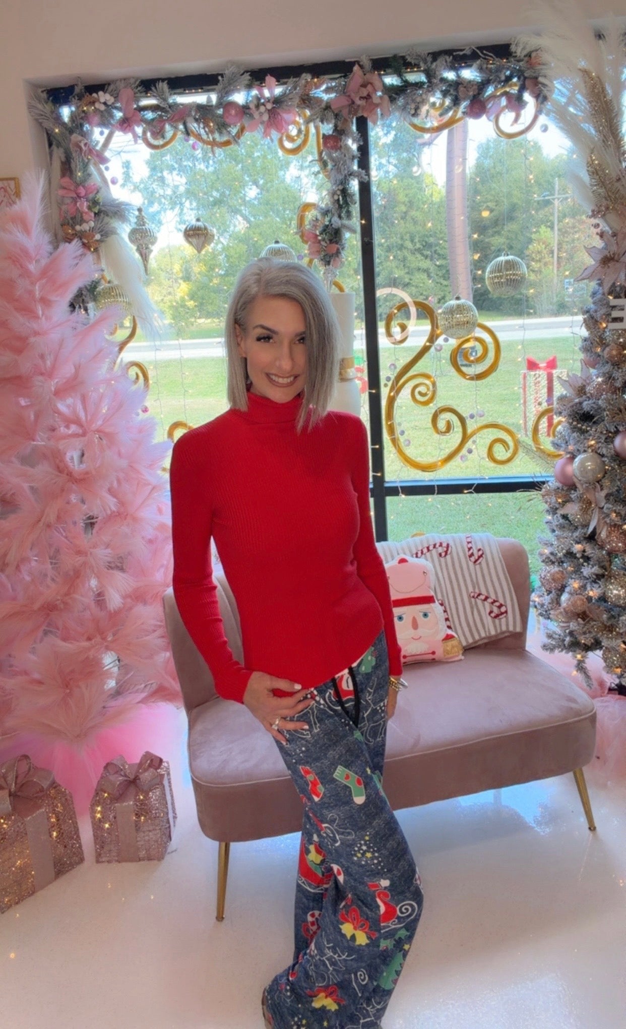 Christmas print patchwork lace-up wide-leg pants