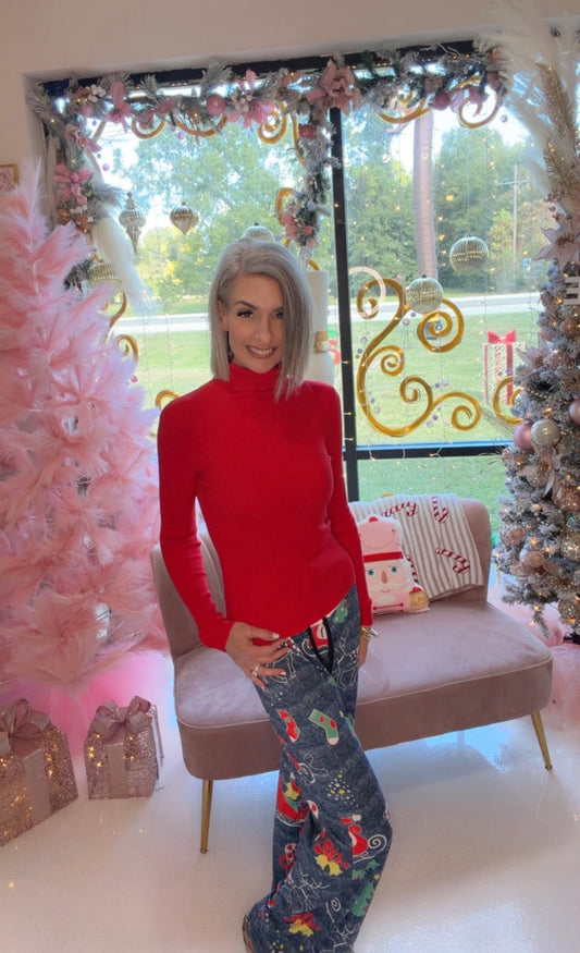 Christmas print patchwork lace-up wide-leg pants