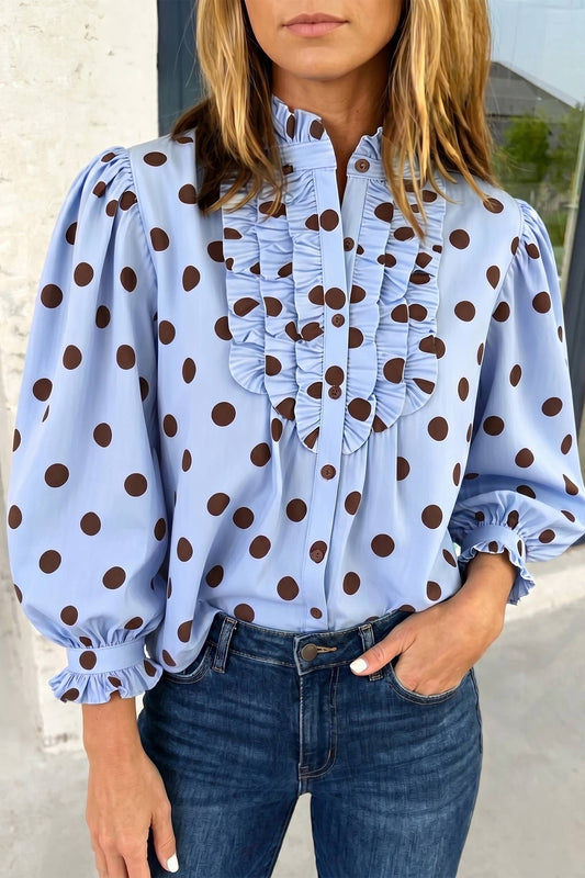 Striped Print Polka Dot Ruffle Stand Neck Shirts