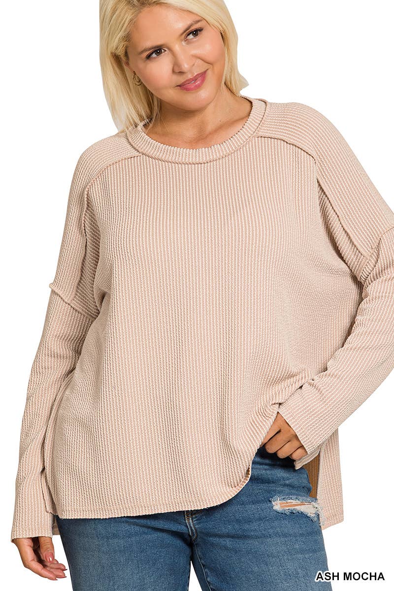 Plus Raised Rib Raw Edge Boat Neck Long Sleeve Top