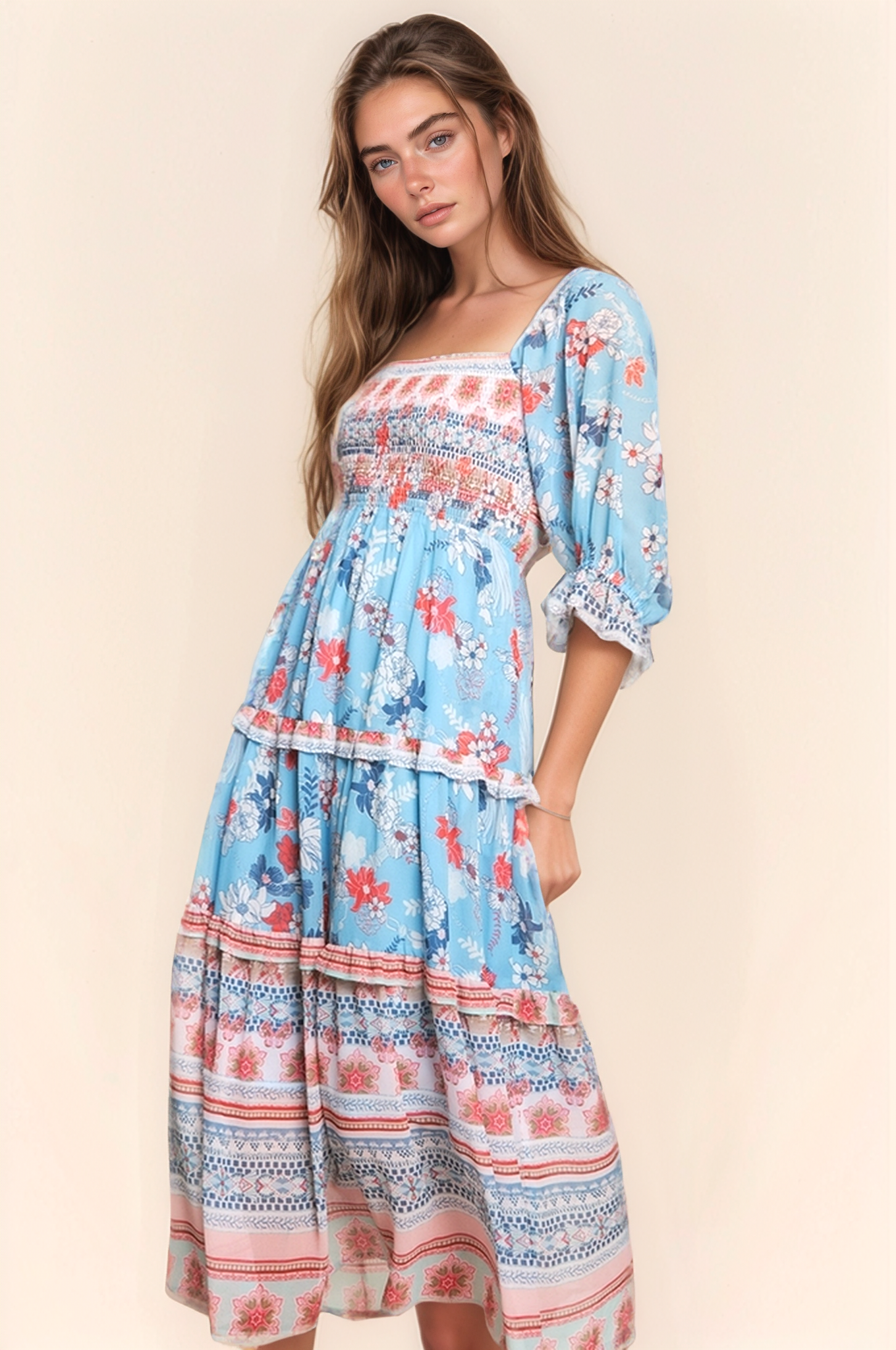 BOHO RUFFLE SMOCKED BODICE SHORT PUFF SLEEVE DRESS