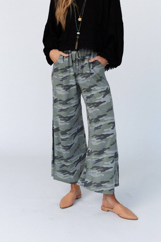 Casual western Boho Wanderer Wide Leg Slit Pants - Charcoal Camo Pant