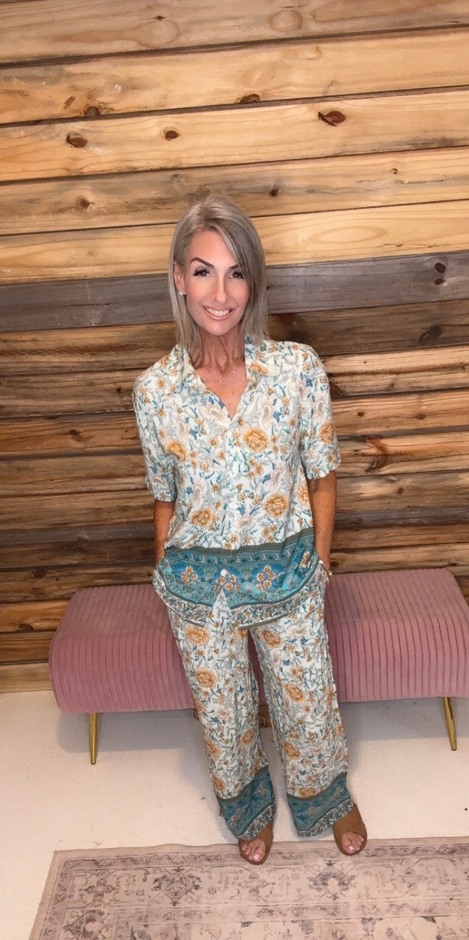 Two Pieces Button Down Boho Blouse Pant Sets