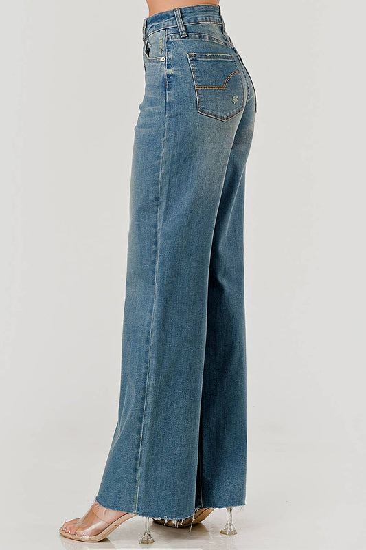 Medium Wash - Distressed Raw Hem Skater Jeans