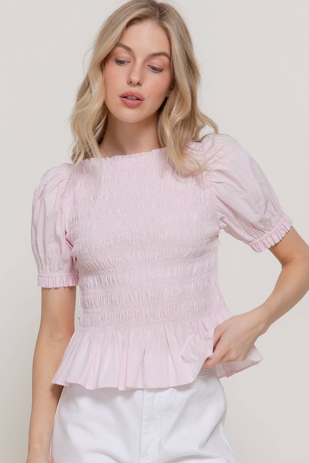 Short Puff Sleeve Smocked Detail Woven Top