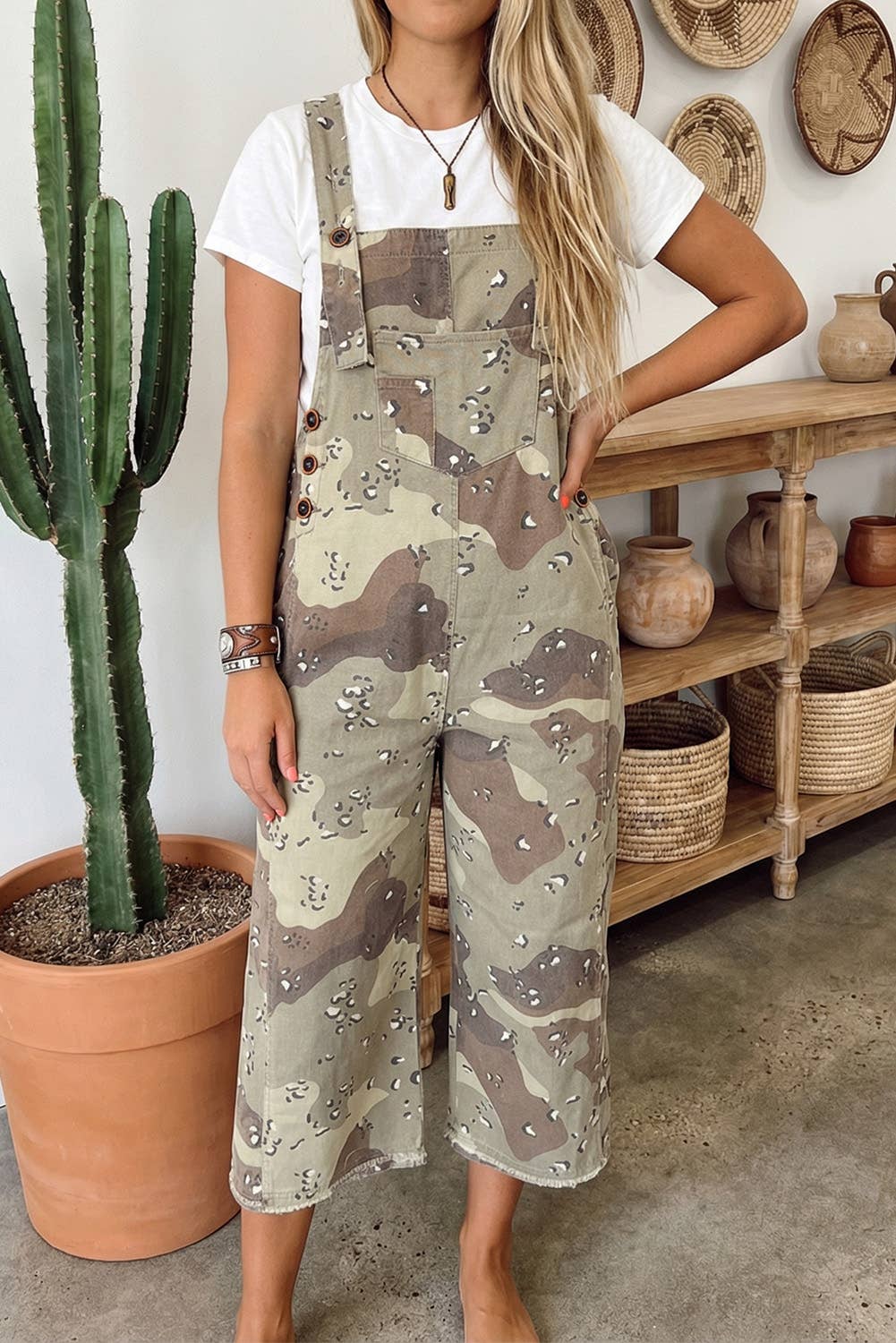 Camo Leopard Detail Loose Denim Overall Cropped Jumpsuit