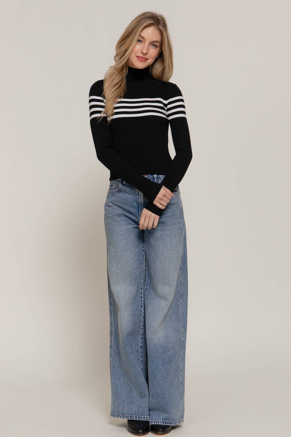 Long Sleeve High Neck Stripe Sweater Top