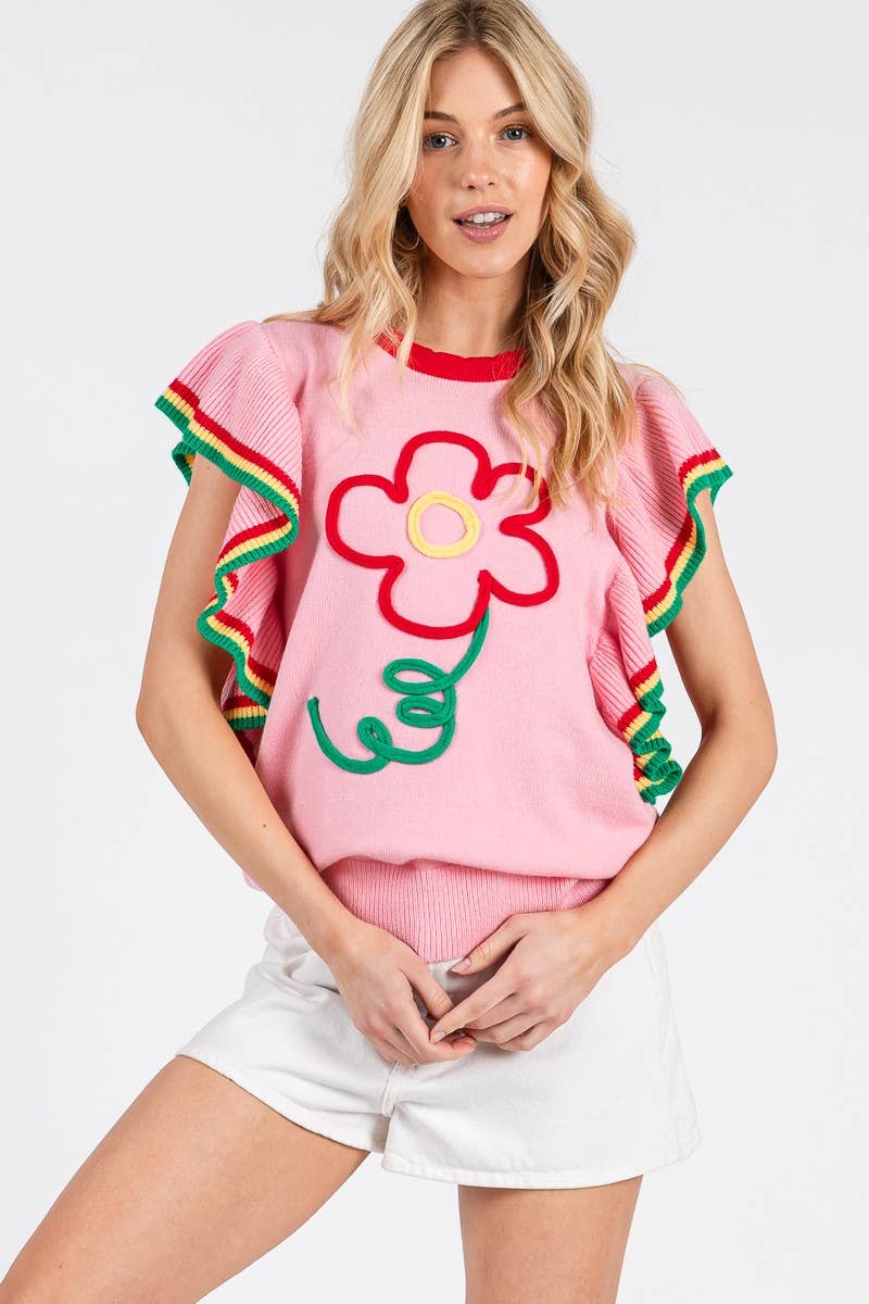 PINK FLORAL RUFFLE KNIT SWEATER TOP