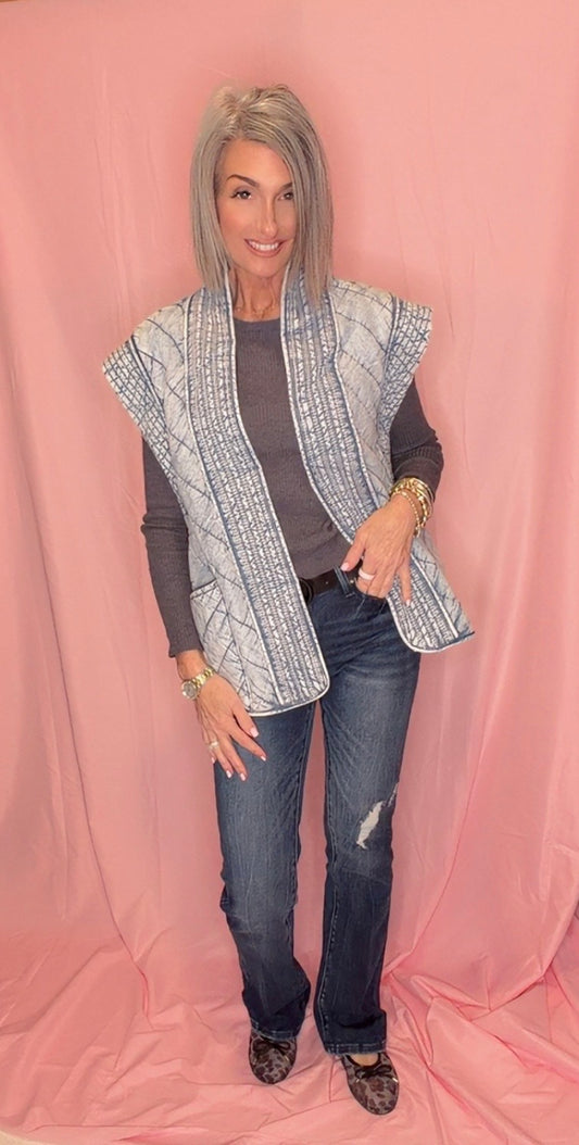 WASHED DENIM QUILTED SHAWL VEST