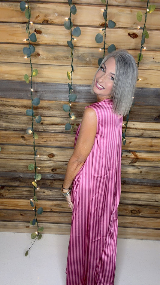 Wide Leg Stripe Soft Satin Jumpsuit