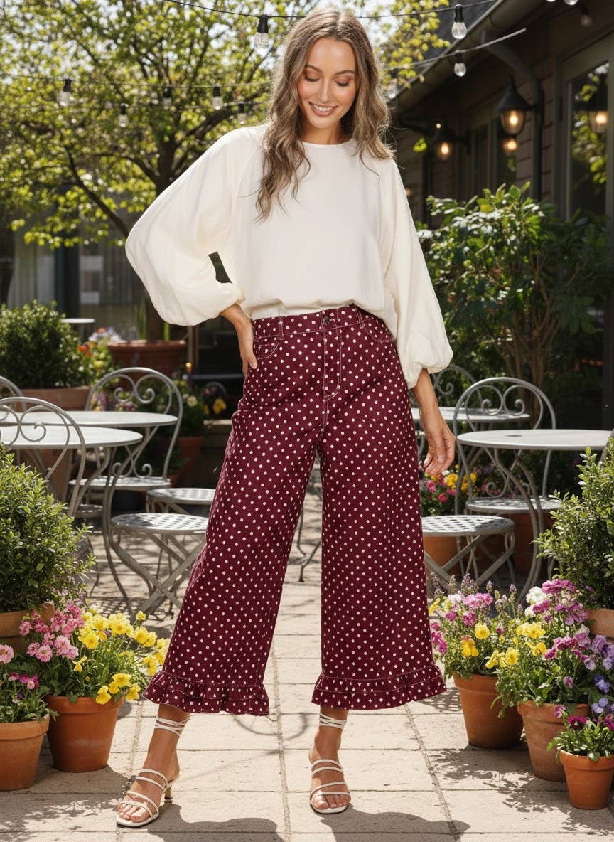 Delightful Polka Dot Casual Ruffle Hem Cropped Pants