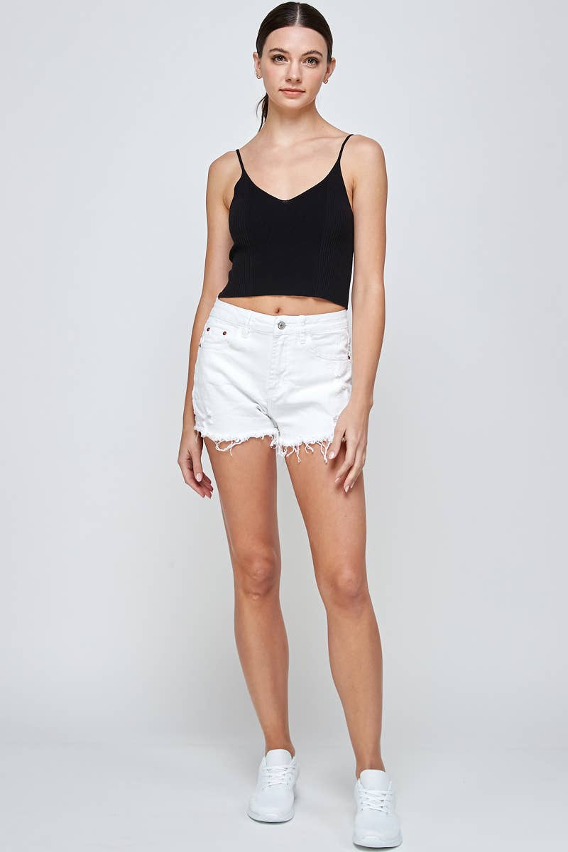 IB5393HH - White - High Rise Distressed Raw Hem Denim Shorts