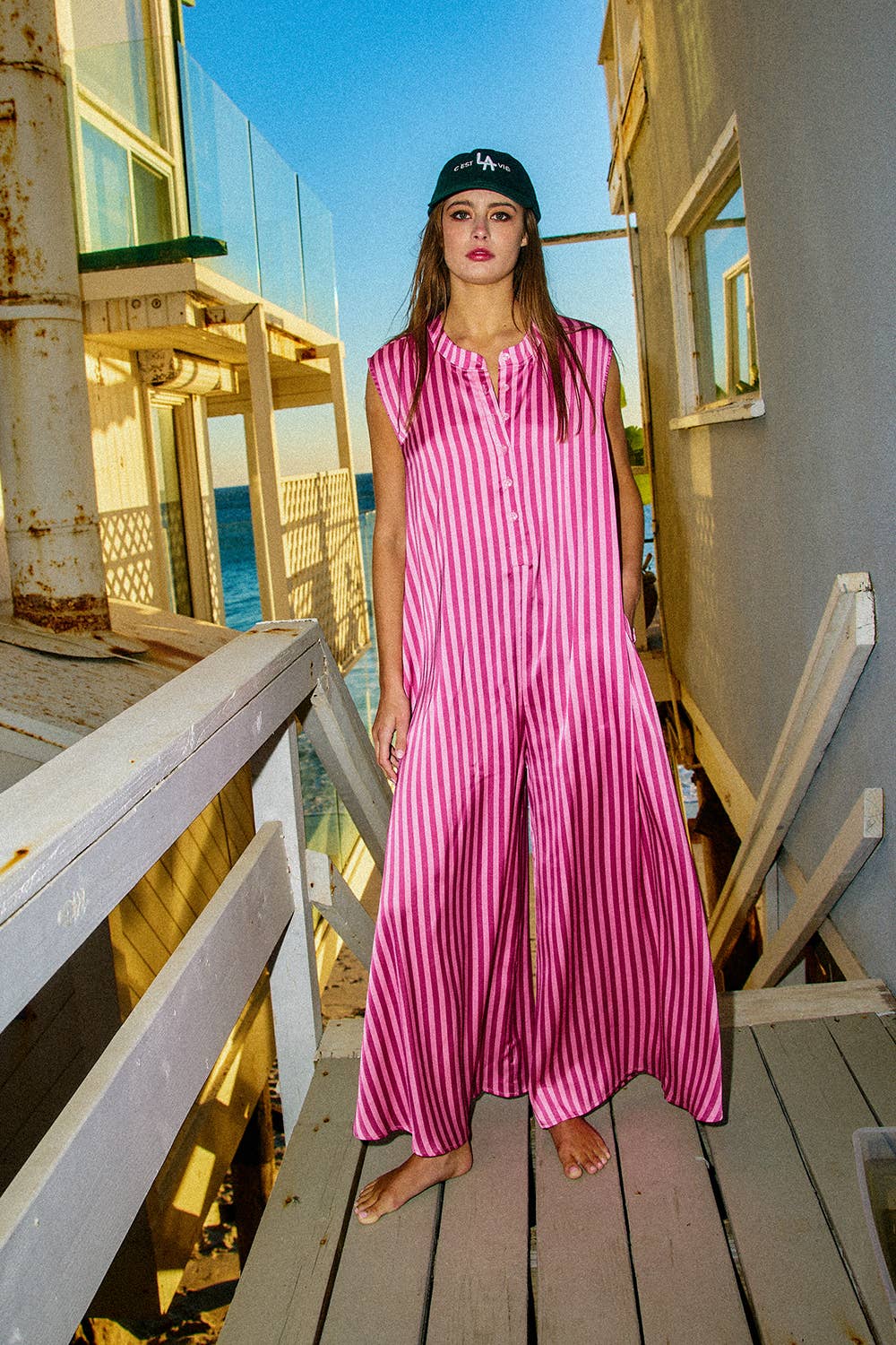 Wide Leg Stripe Soft Satin Jumpsuit