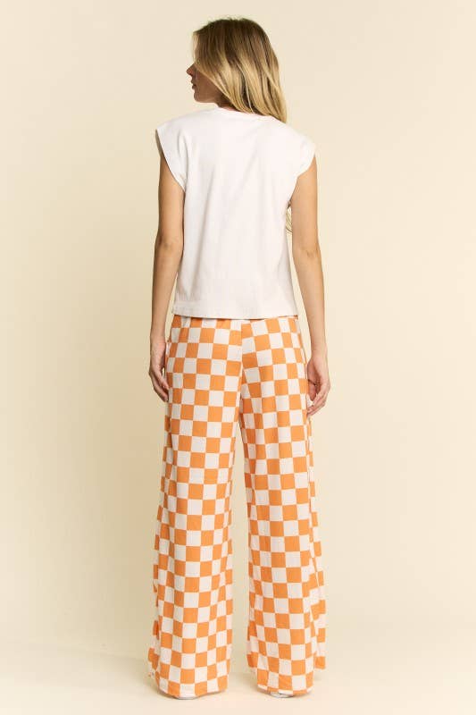 HIGH WAIST CHECKERED STRAIGHT LEG KNIT PANTS