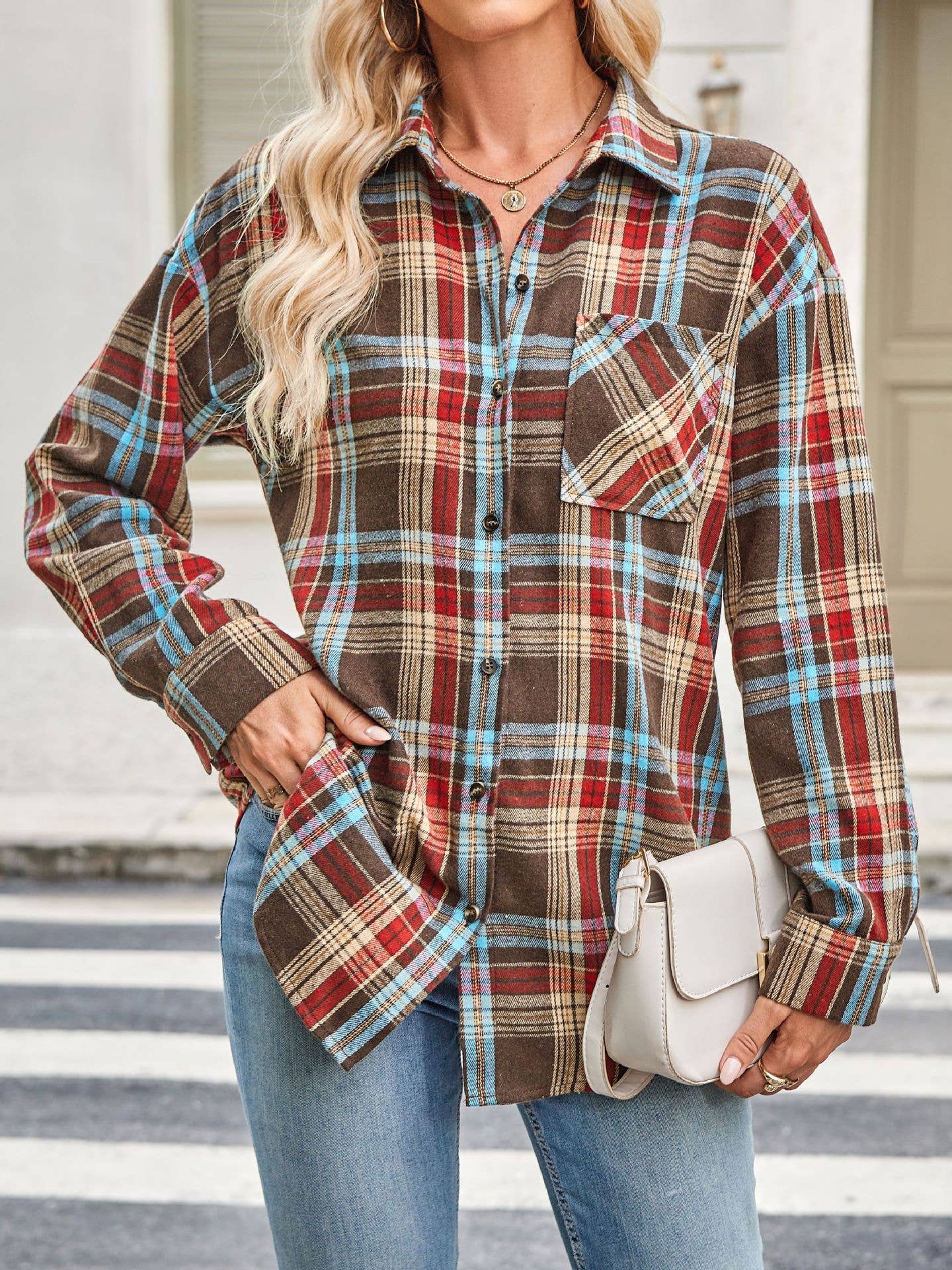 Plaid Button Down Long Sleeve Shirt for Women