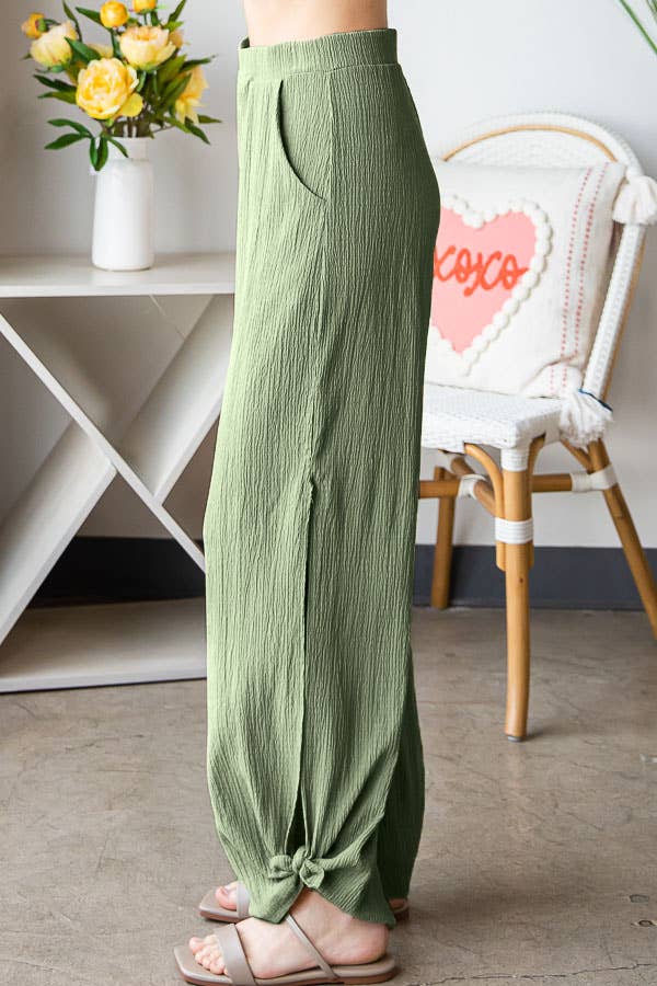Lightweight Crinkle Ankle Tie Split Side Flowy Pants  P5047