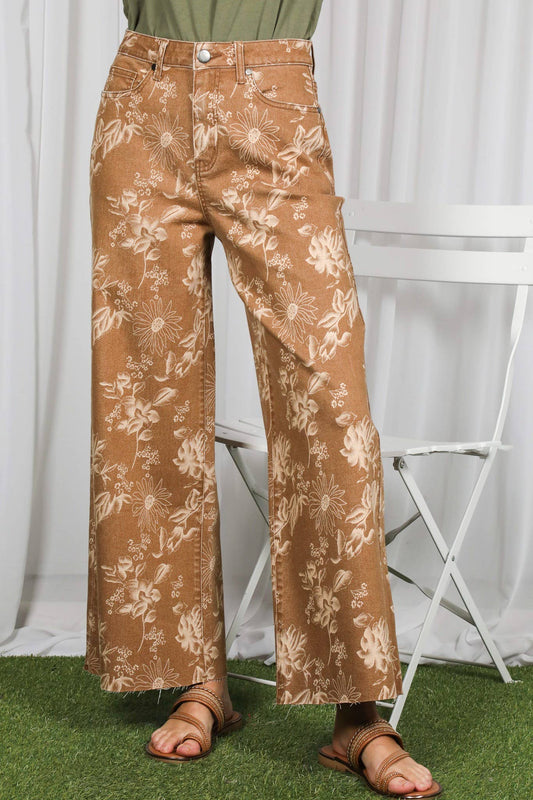 Floral Straight Leg Washed Denim Span Ankle Pants