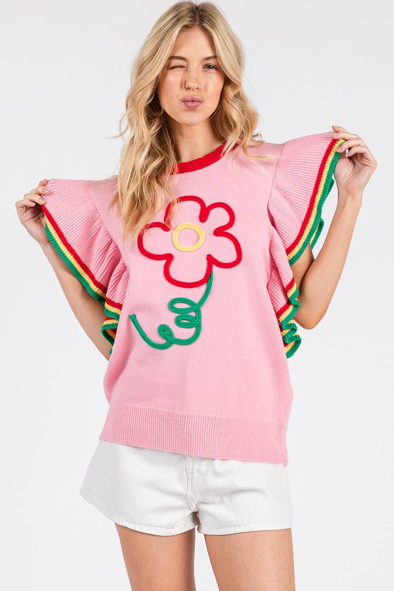 PINK FLORAL RUFFLE KNIT SWEATER TOP